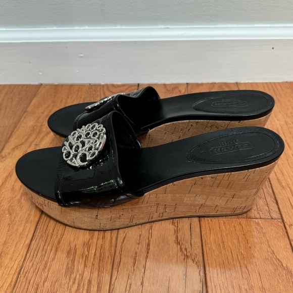 Coach Judith Patent Leather Cork Wedge Black Size 9.5 - Picture 3 of 11